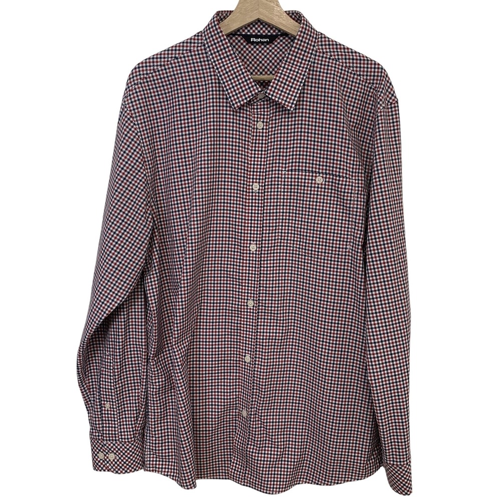 Rohan Newtown Shirt Men XL UV Protection Red White Blue Check Hiking Travel